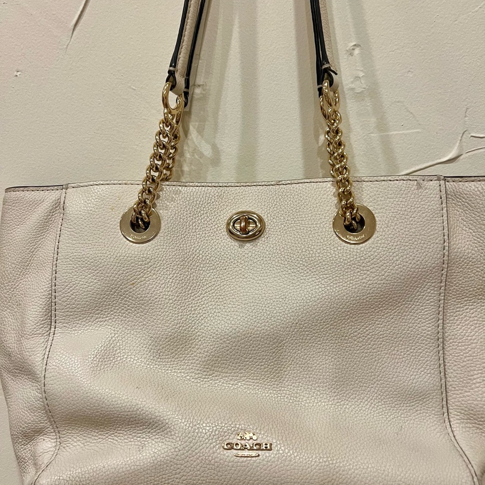 Coach Cream Leather Tote with Gold Chain